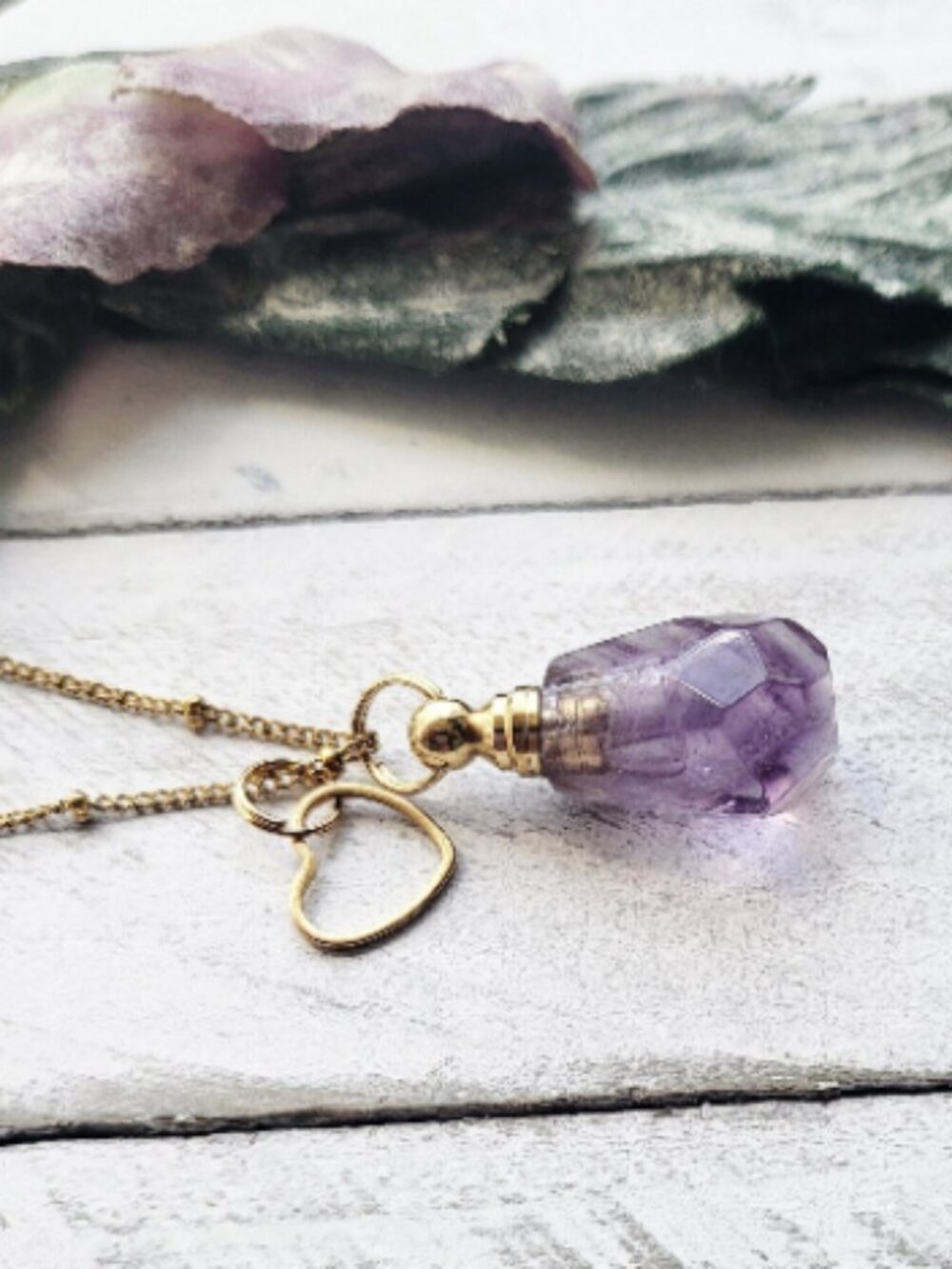 Quartz Crystal Vial Bottle Locket Charm Necklace Gold Color Heart